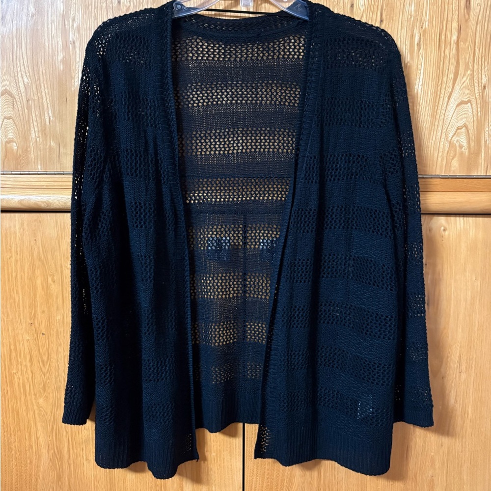 Women’s Elegant Black Open Weave Open-Front Semi-Sheer Cardigan Sweater